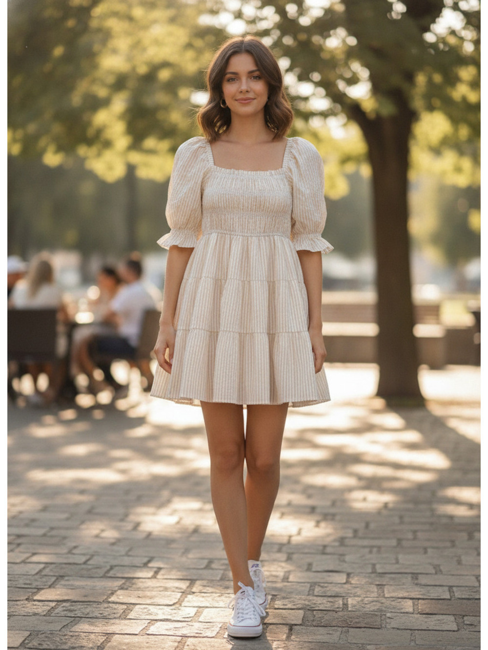 MINKPINK Medium Beige Striped Puff Sleeve Mini Dress